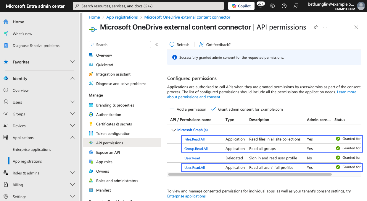 アドミンの同意が付与された追加の権限を示すMicrosoft Entra admin centerのアプリケーションの API 権限リスト。