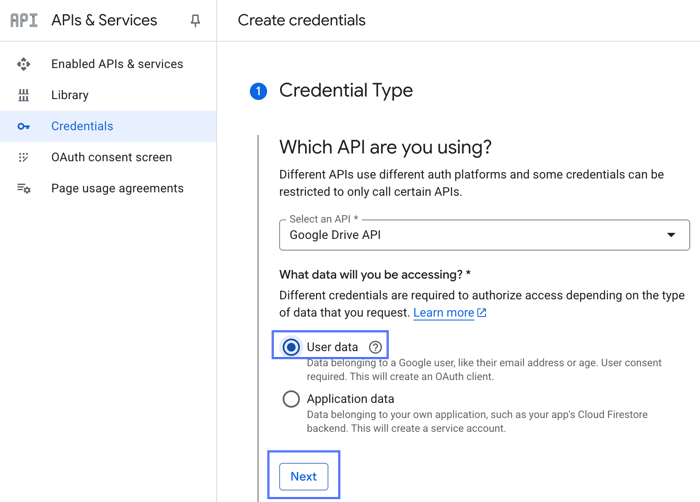 Create credentials form displays in the APIs & Services dashboard in Google Workspace.