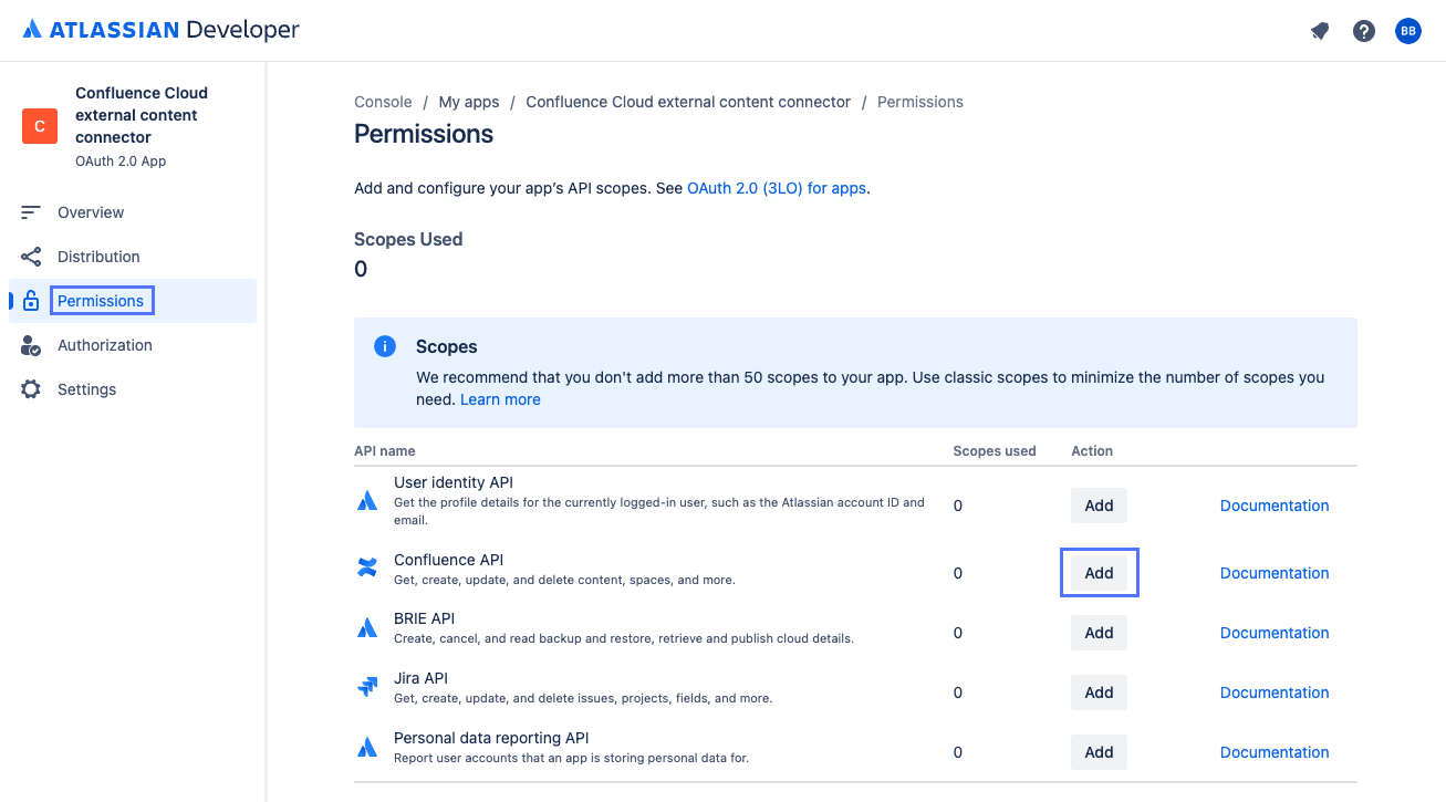 Atlassianの [Confluence API を追加] ボタン開発者コンソールの [権限] ページ。