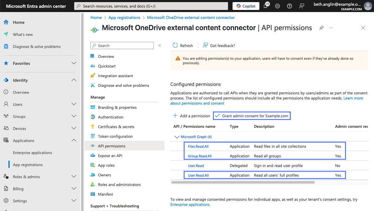 アドミンの同意が必要な追加の権限を示すMicrosoft Entra admin centerのアプリケーションの API 権限リスト。
