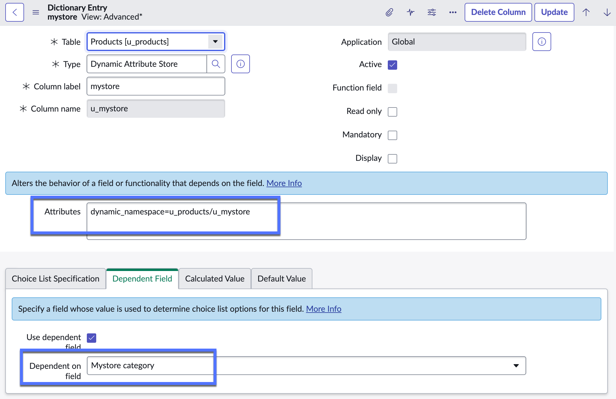 A dynamic attribute store field called mystore is added to the Products table.