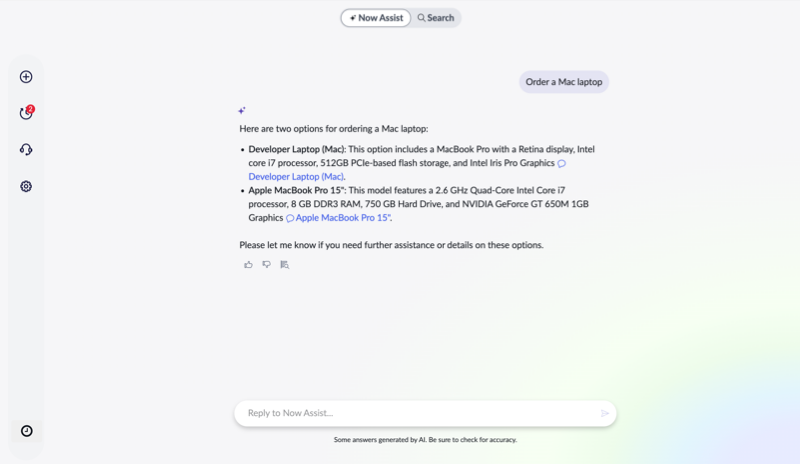 A synthesized response appears for an order a mac laptop prompt in the Now Assist tab.
