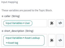 Use dot-walking to designate input mapping variables for the Incident. User is the session user, and the Asset tag is derived from the previous Asset Lookup node.