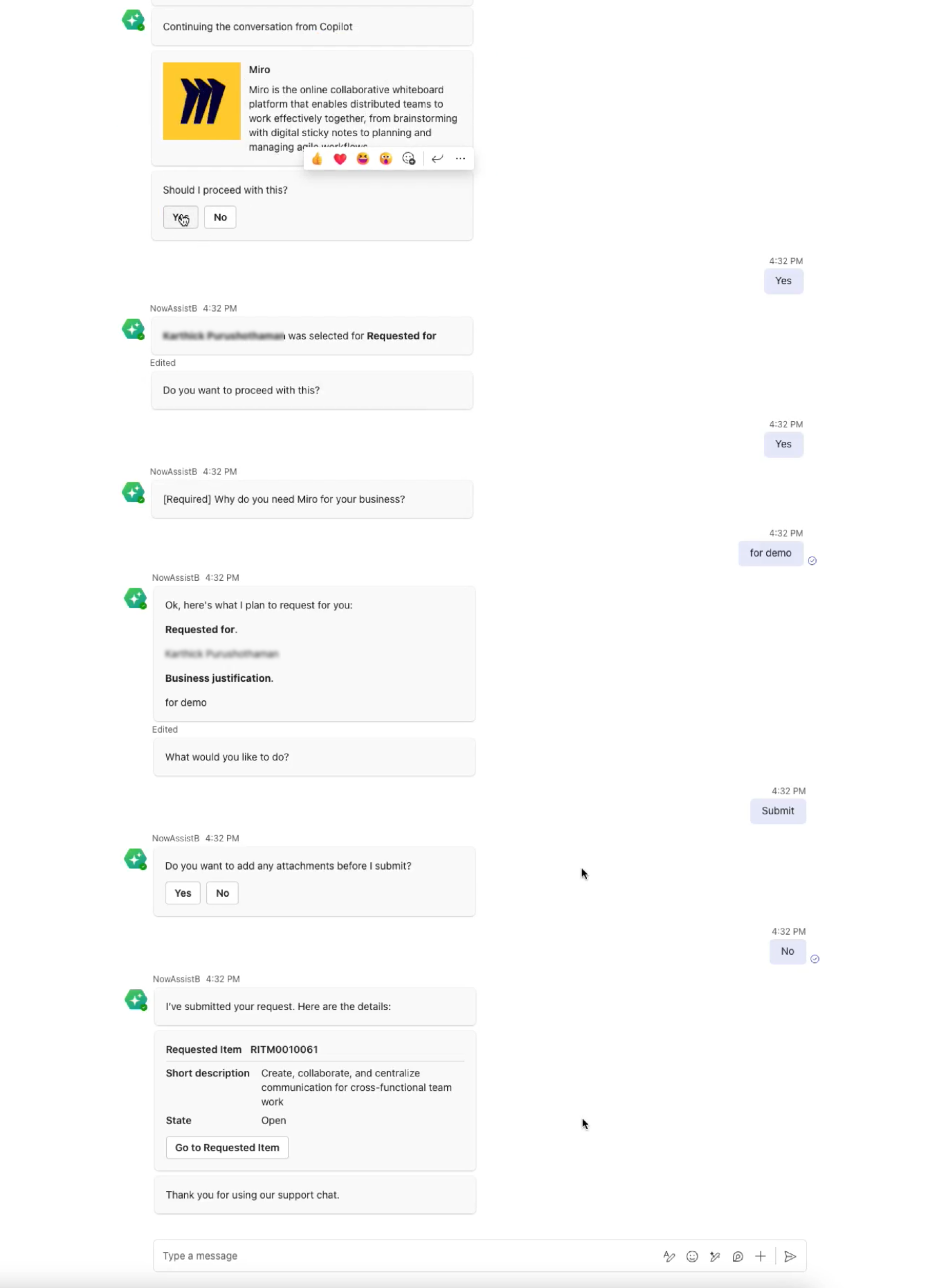 Virtual Agent completes the request submission by continuing with the Copilot conversation.