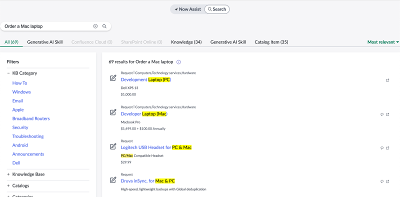Order a Mac laptop search results appear in the Search tab of the full-page experience.