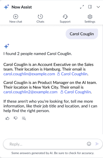 People results appear in the synthesized response and provide details such as the person's name, position, location, and email.