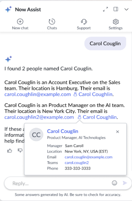 People popover card appears when selecting Carol Couglin and presents information about Carol.