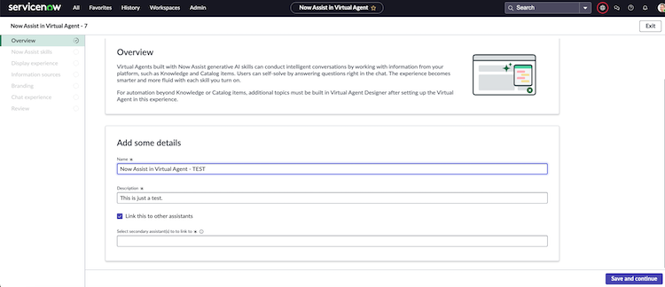 Virtual Agent Name and Description fields in the Get started page.