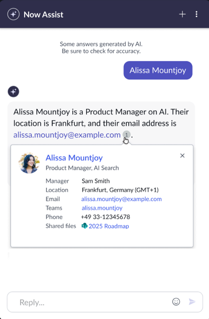 People popover card appears when selecting Alissa Mountjoy and presents information about Alissa.