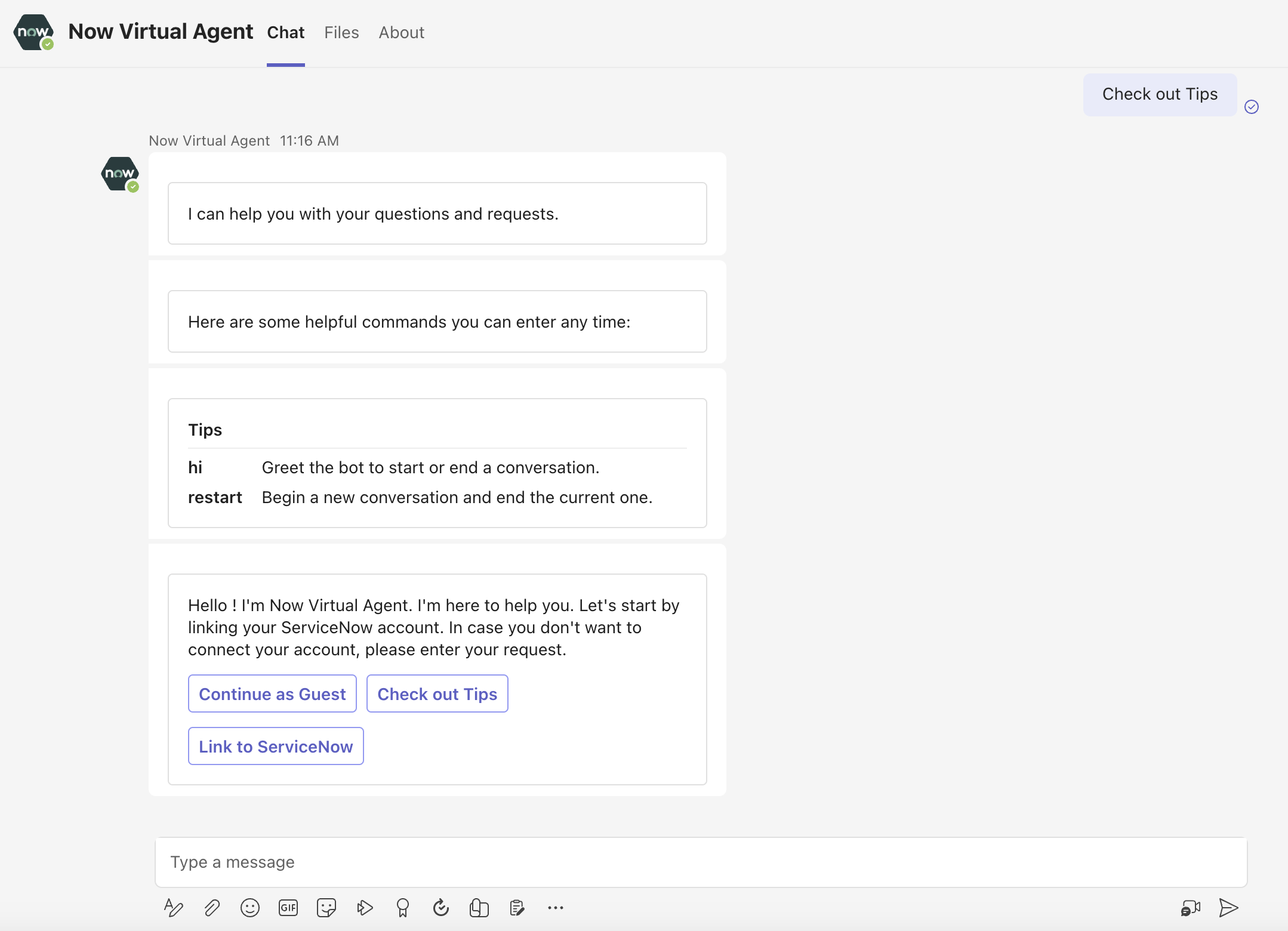 Check out tips provides you with the commands to get started with the Virtual Agent.