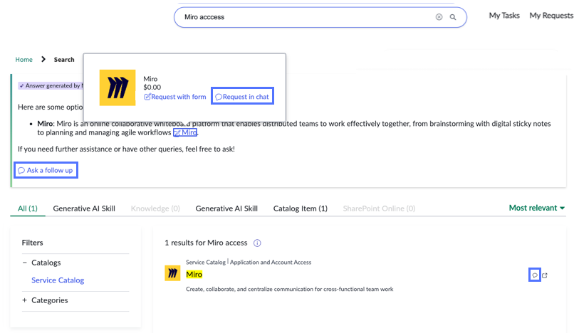 Portal search page results with entry points into chat.