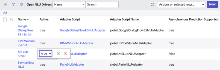 Open NLU Drivers table, with MS Luis-Script service Active field value set to true.