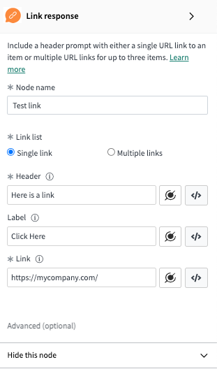 Basic properties include node name, link list - single or multiple, header, label, and URL link.