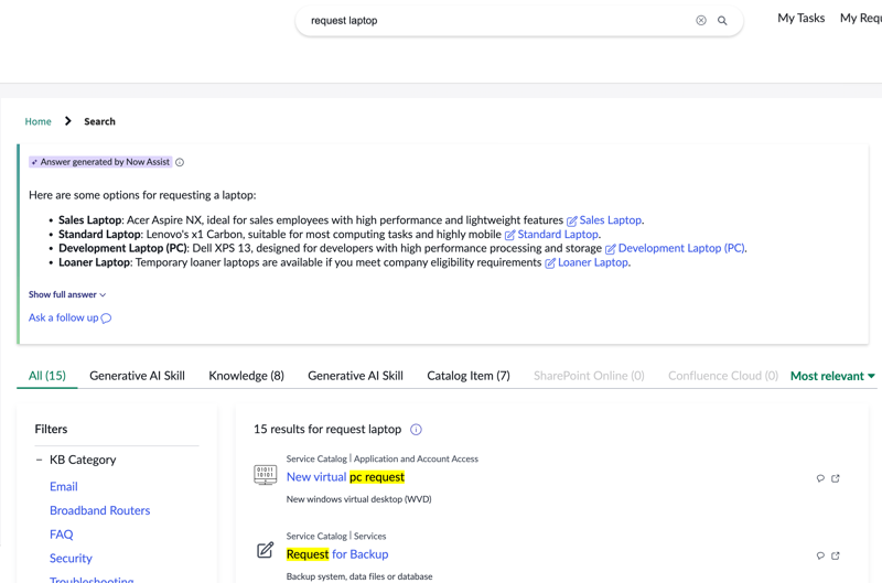 A synthesized response appears at the top of thee search results after a search query for request laptop was made.