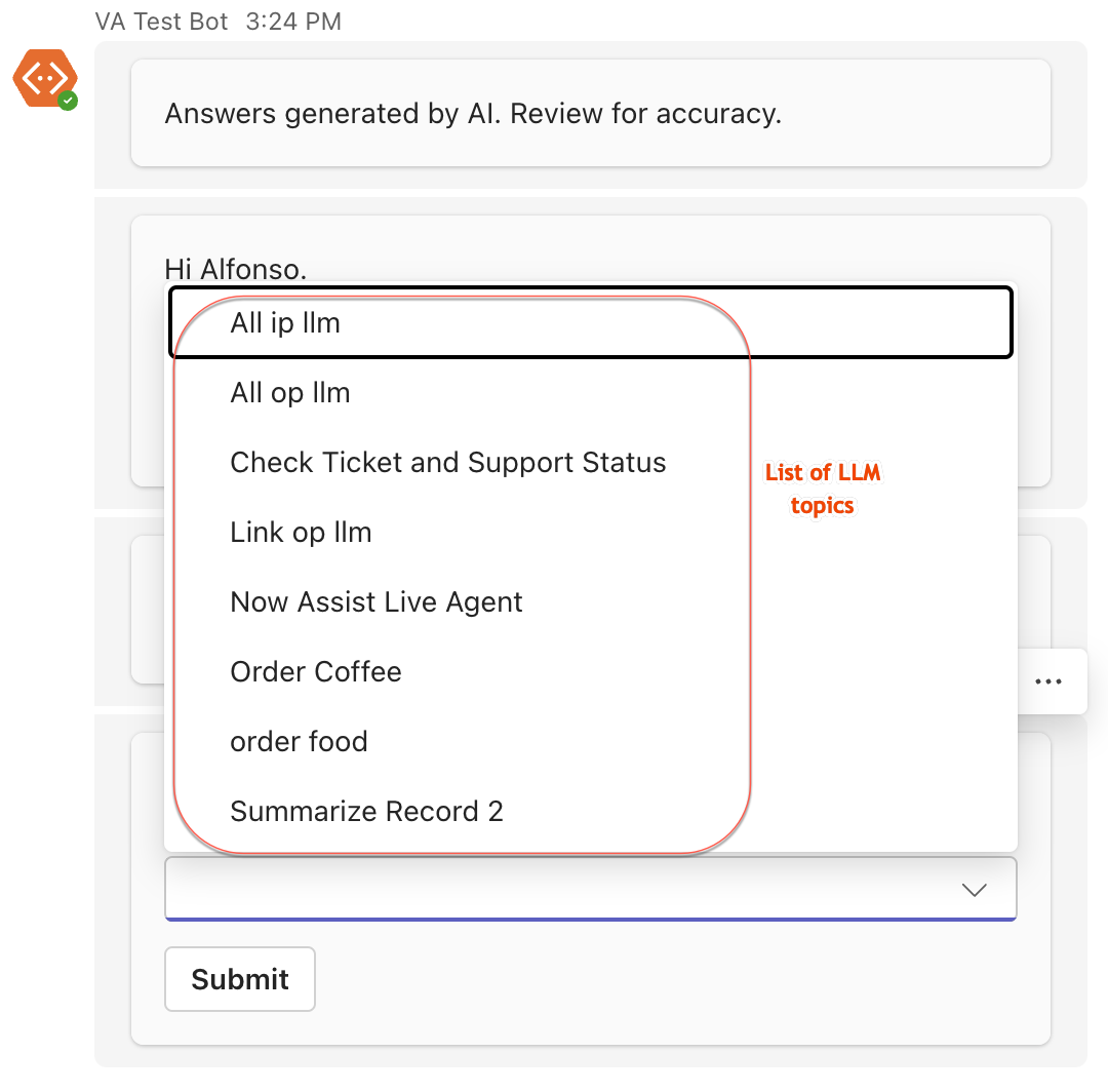 LLM-based conversation with Now Assist displaying the list of LLM topics.
