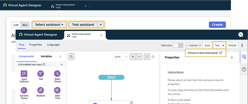 You can find LLM testing options on the Virtual Agent Designer canvas and the home page.