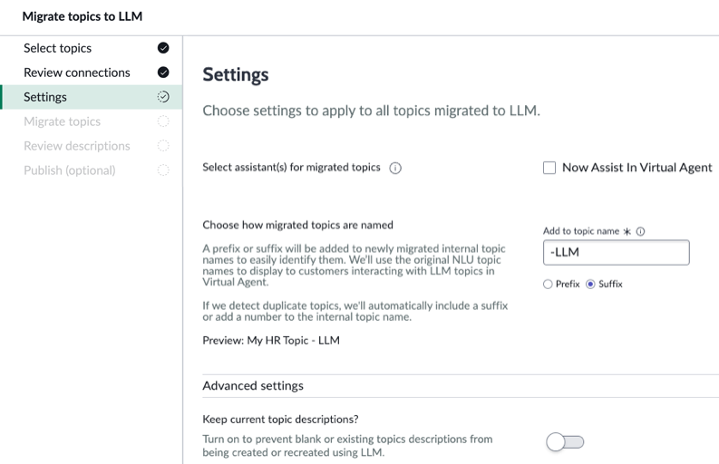 Settings includes three main fields that you need to review including the Select assistants for migrated topics, Choose how migrated topics are named, and Keep current topic descriptions fields.