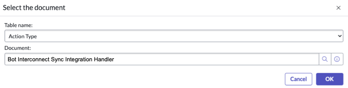 Document setting for the primary bot in Workflow Studio if secondary bot is synchronous. Table name is Action Type, and Document is Bot Interconnect Sync Integration Handler.