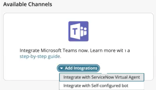Microsoft Teams Add Integrations drop-down, with Integrate with ServiceNow Virtual Agent selected.