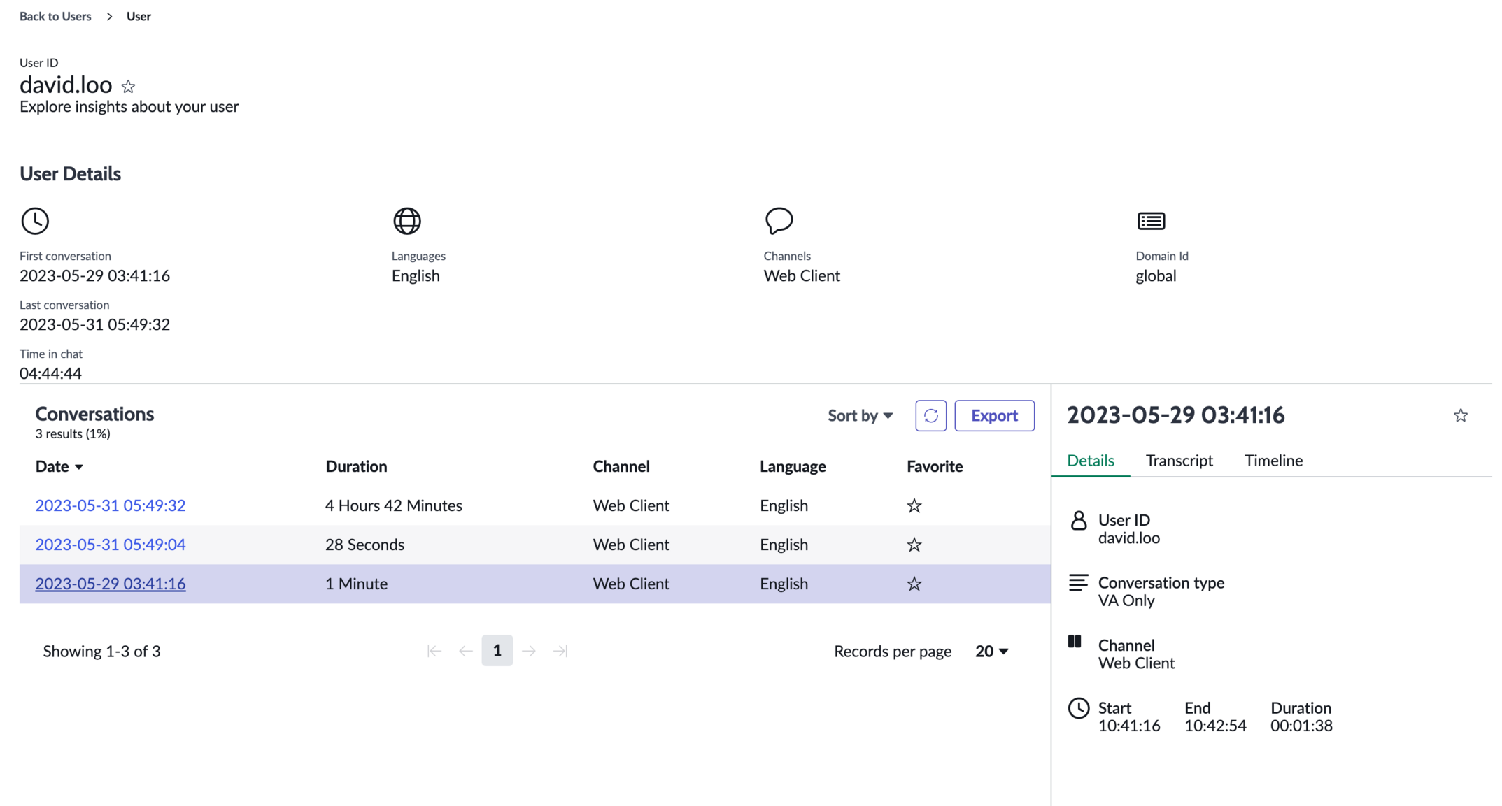 Virtual Agent chat User details with multiple chat events shown.
