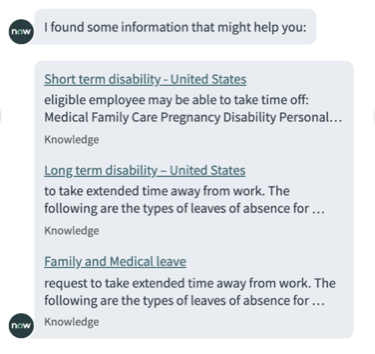 Example output that reads, "I found some information that might help you," followed by 3 links with titles and short descriptions.