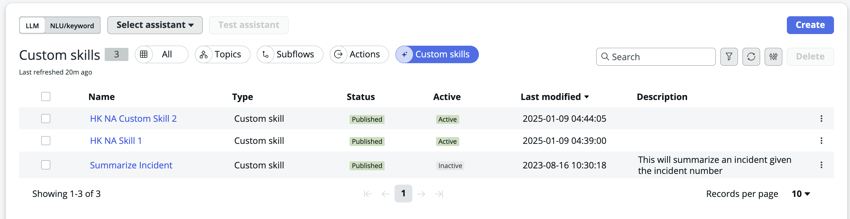 Custom skills pill in Virtual Agent Designer.