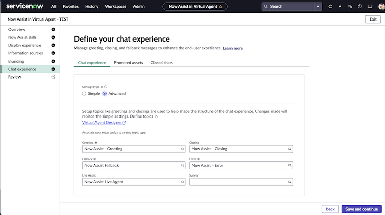 Advanced chat settings in the Define your chat experience page.