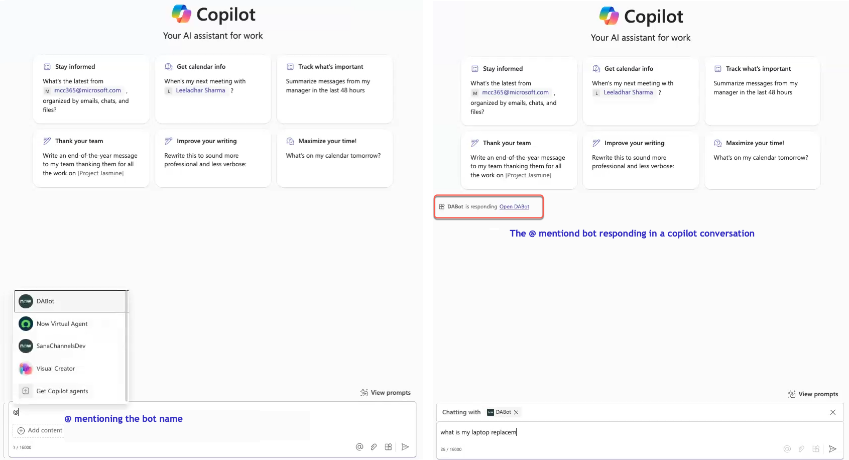 User using the @-mention feature in Copilot to invoke the bot.