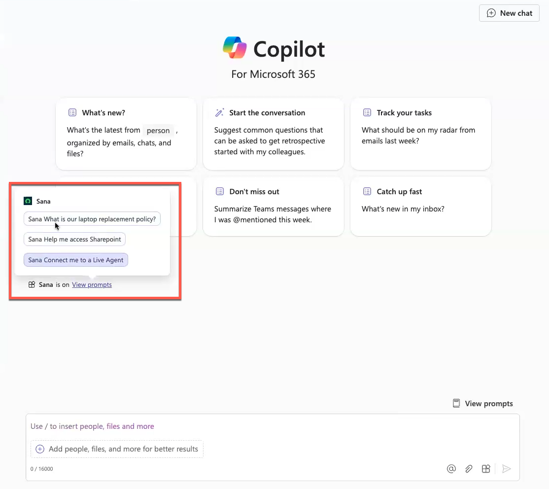 Prompts are displayed while you connect with the Copilot using your plugin or bot name.