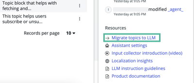 Migrate Topics to LLM is an option in the Virtual Agent Designer header.