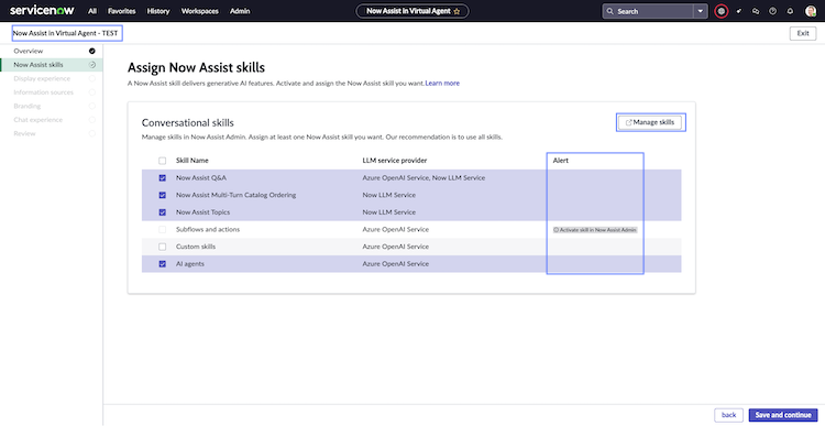 Activate Now Assist skills for the Virtual Agent.