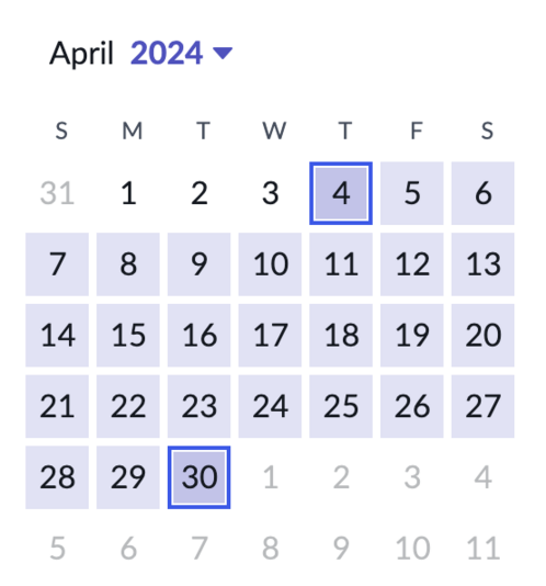 Calendar showing highlighted start-to-end dates.