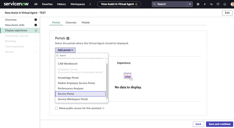 Display experience page shows where Virtual Agent is displayed, such as portals, channels, and mobile.