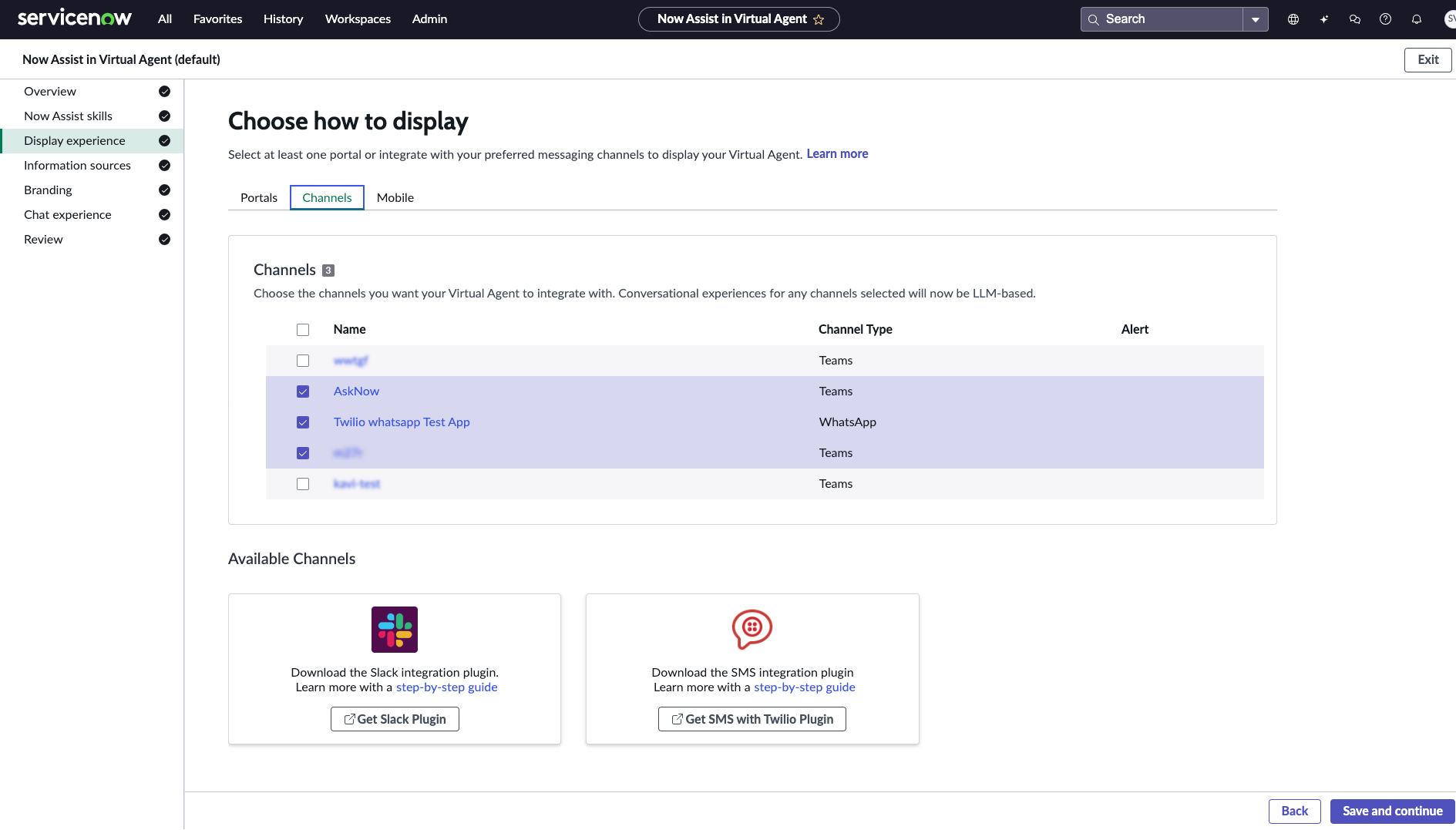 Select the Microsoft Teams channels for LLM conversational experience with Now Assist.
