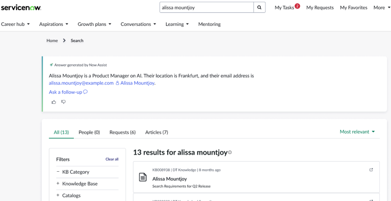 People results appear in the synthesized response on the portal's search results page and provide details such as the person's name, position, location, and email.