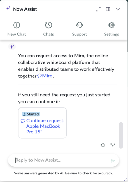 User asks about miro access while in the middle of a conversations about ordering a MacBook.