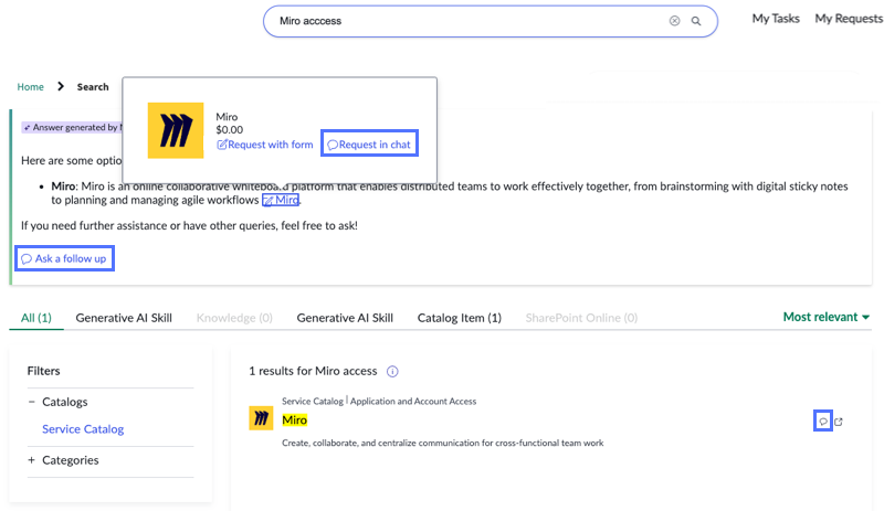 Example showing Miro access being requested with a popover explaining you can request access with a form or in the chat.