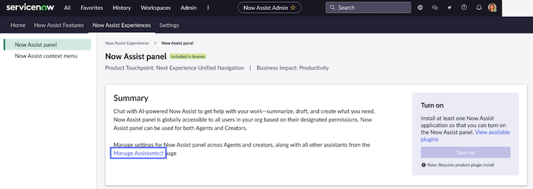 Now Assist panel with link to Manage assistants.