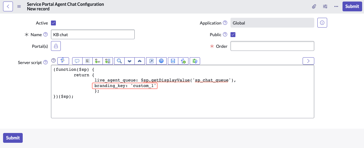 Service Portal Agent Chat Configuration record example.