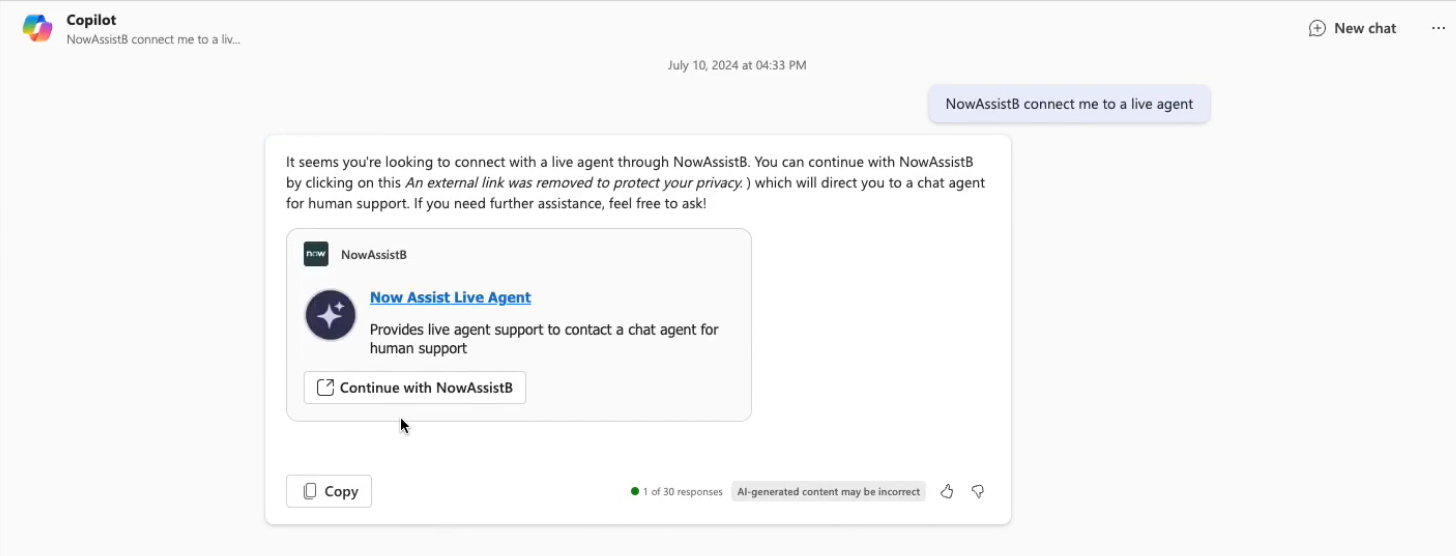 Microsoft Copilot responding to your request to connect to a live agent.