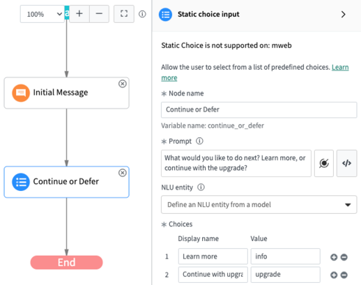 Static choice properties for "Continue or Defer" node. It includes a user prompt and two choices: Learn more or Continue with upgrade.