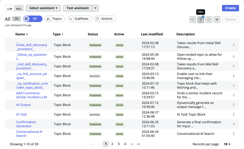 Use the Type filter to specify Topic Blocks to view only topic blocks on the Topics page in Virtual Agent Designer.