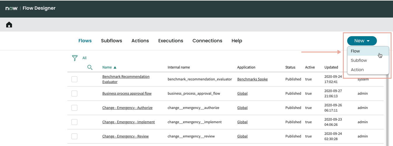 Image montrant comment démarrer un nouveau flux Flow Designer