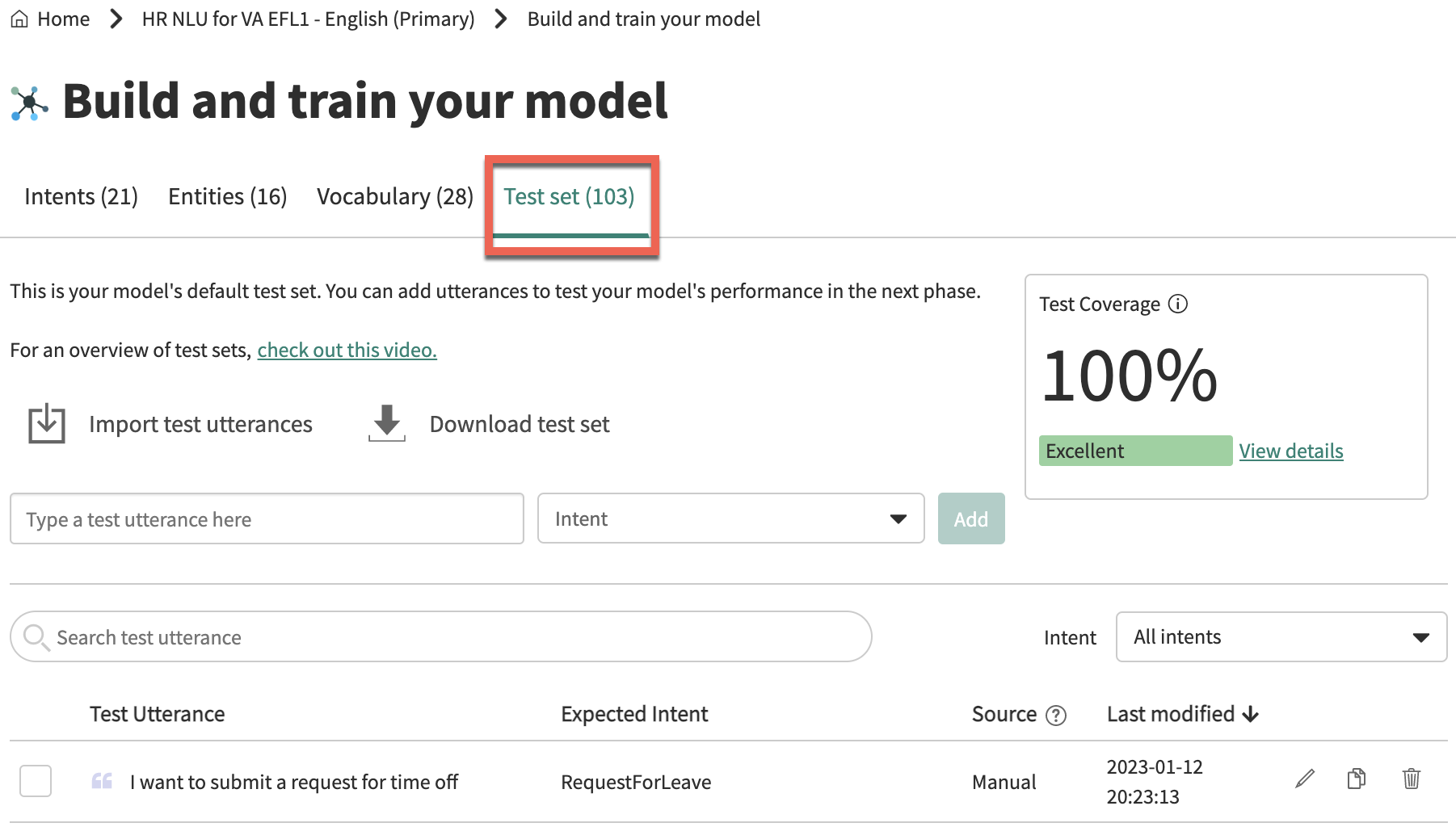 Sur la page de vue d’ensemble du modèle NLU, l’onglet Jeu de tests est mis en surbrillance.