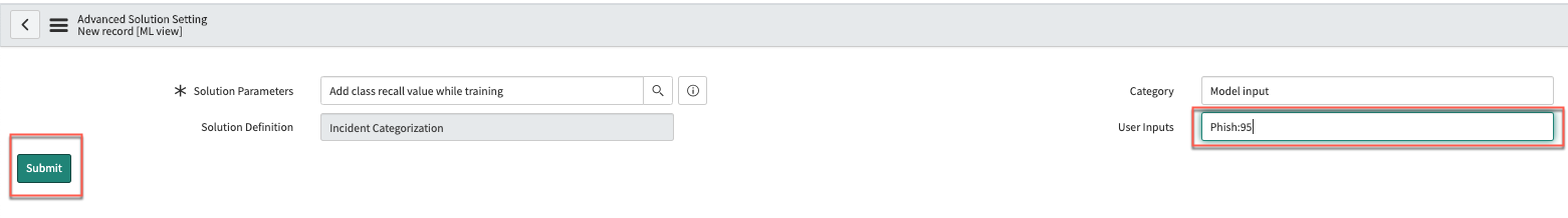 Comment configurer le champ Entrées de l’utilisateur, où Courrier indésirable est la classe cible, et 90 % est la précision de prédiction que vous demandez au système de fournir pendant la formation à la solution.