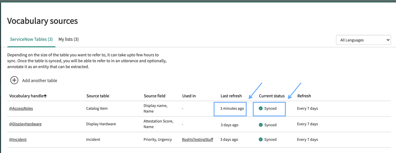 Onglet Tables ServiceNow de la page Sources de vocabulaire. Les colonnes Dernière actualisation et État actuel fournissent des informations de synchronisation.