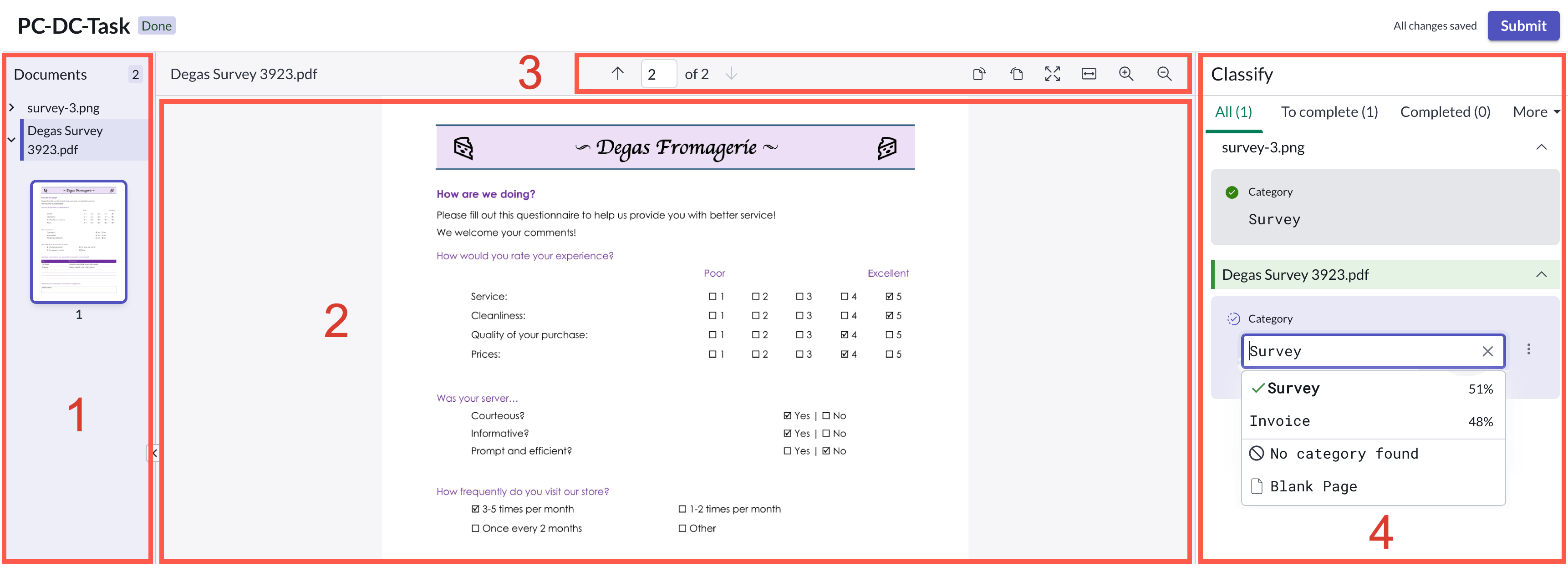 Zones de l’espace de travail pour la Intelligence documentaire classification des documents.