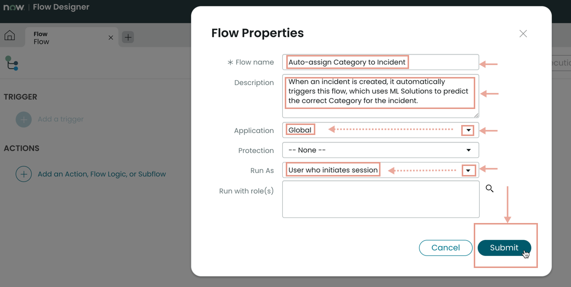 Écran Propriétés du flux, sur lequel les utilisateurs peuvent commencer à configurer le flux