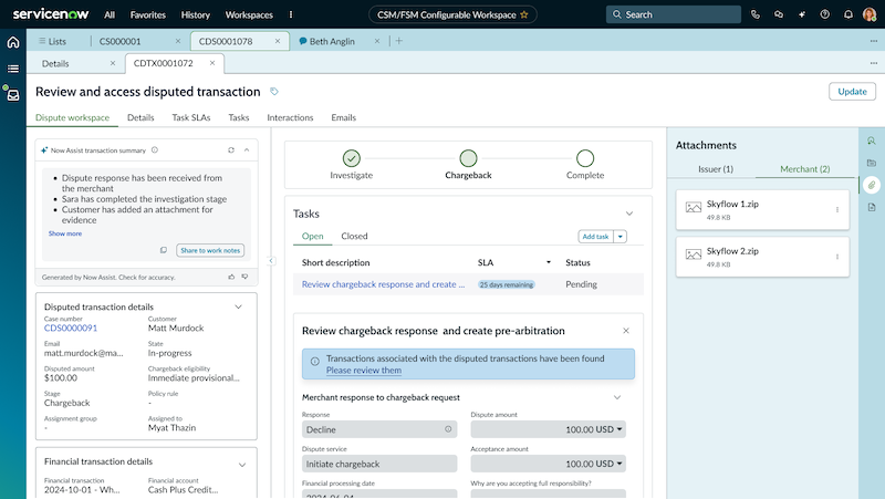 Transaction review page showing the Merchant tab in Attachments.