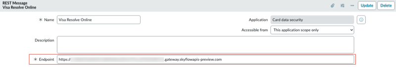 Image showing the Endpoint field containing the connection base URL from the tokenizer service.